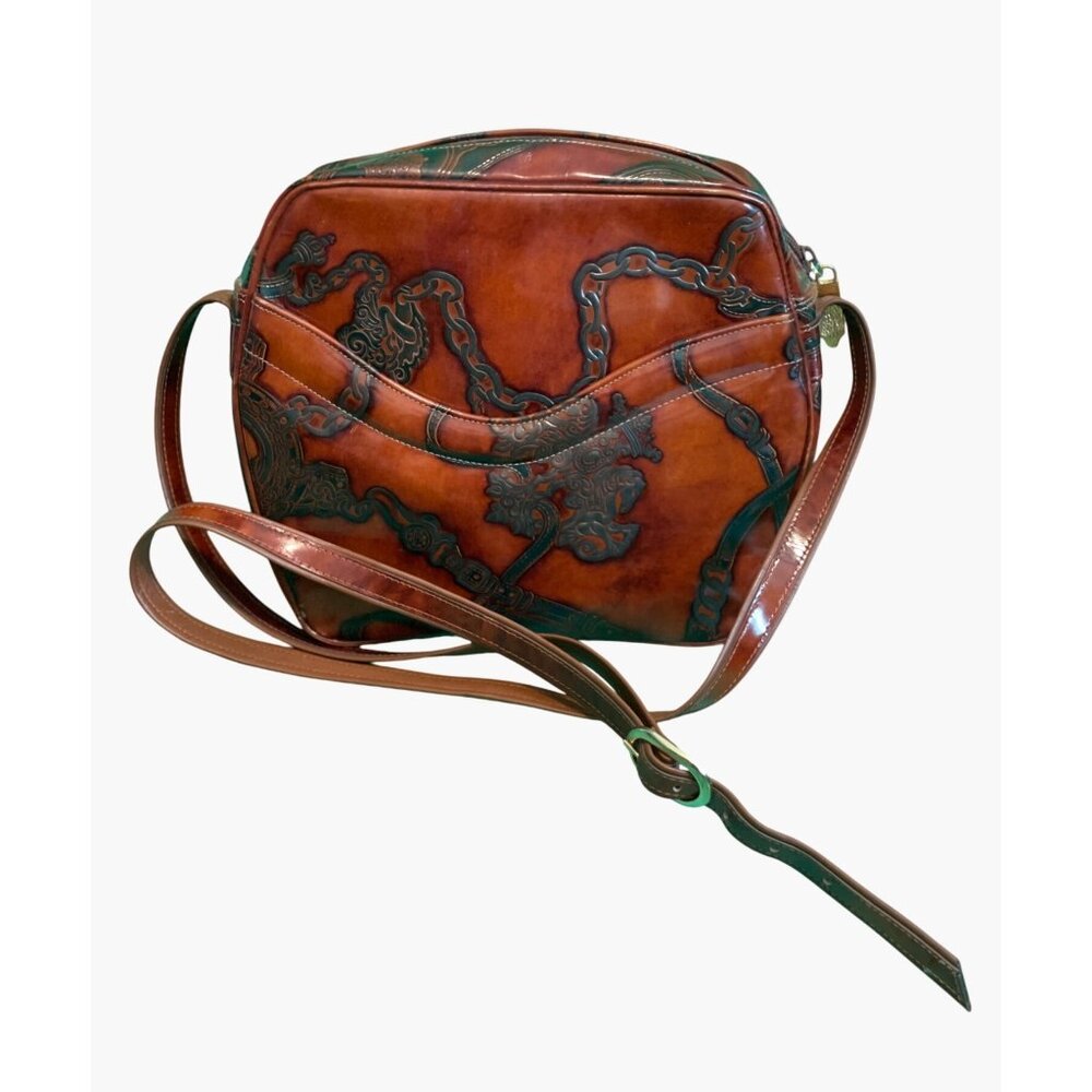 Vintage Leather Crossbody Bag With Chain Print & Brown Adjustable Strap